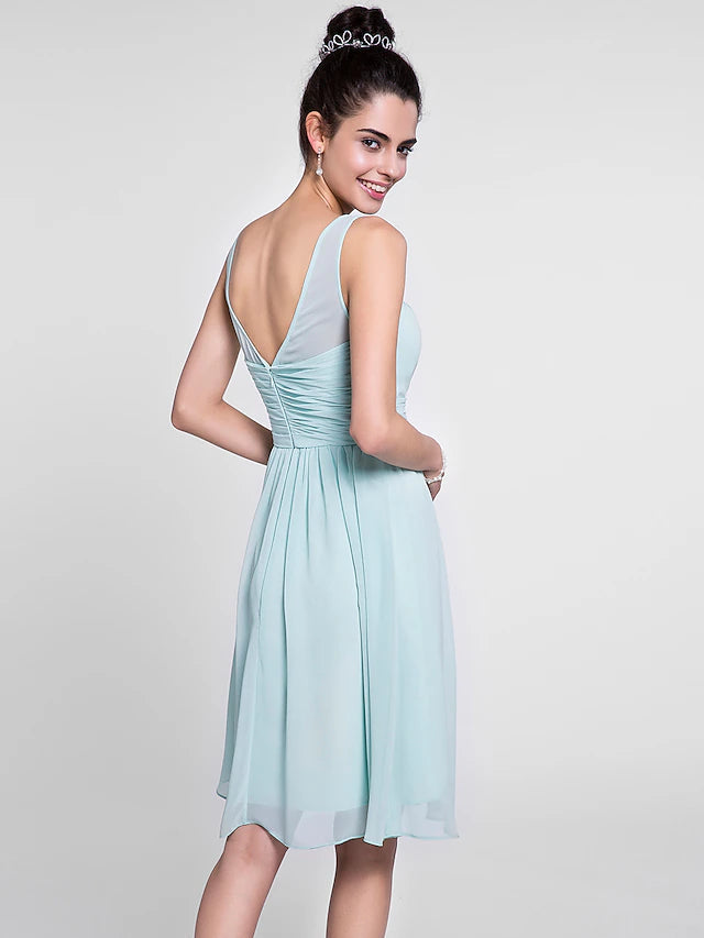 Luolandi A-Line Bridesmaid Dress Scoop Neck Sleeveless Knee Length Chiffon with Ruched / Draping A-Line Bridesmaid Dress Scoop Neck Sleeveless Knee Length Chiffon with Ruched Pure Color